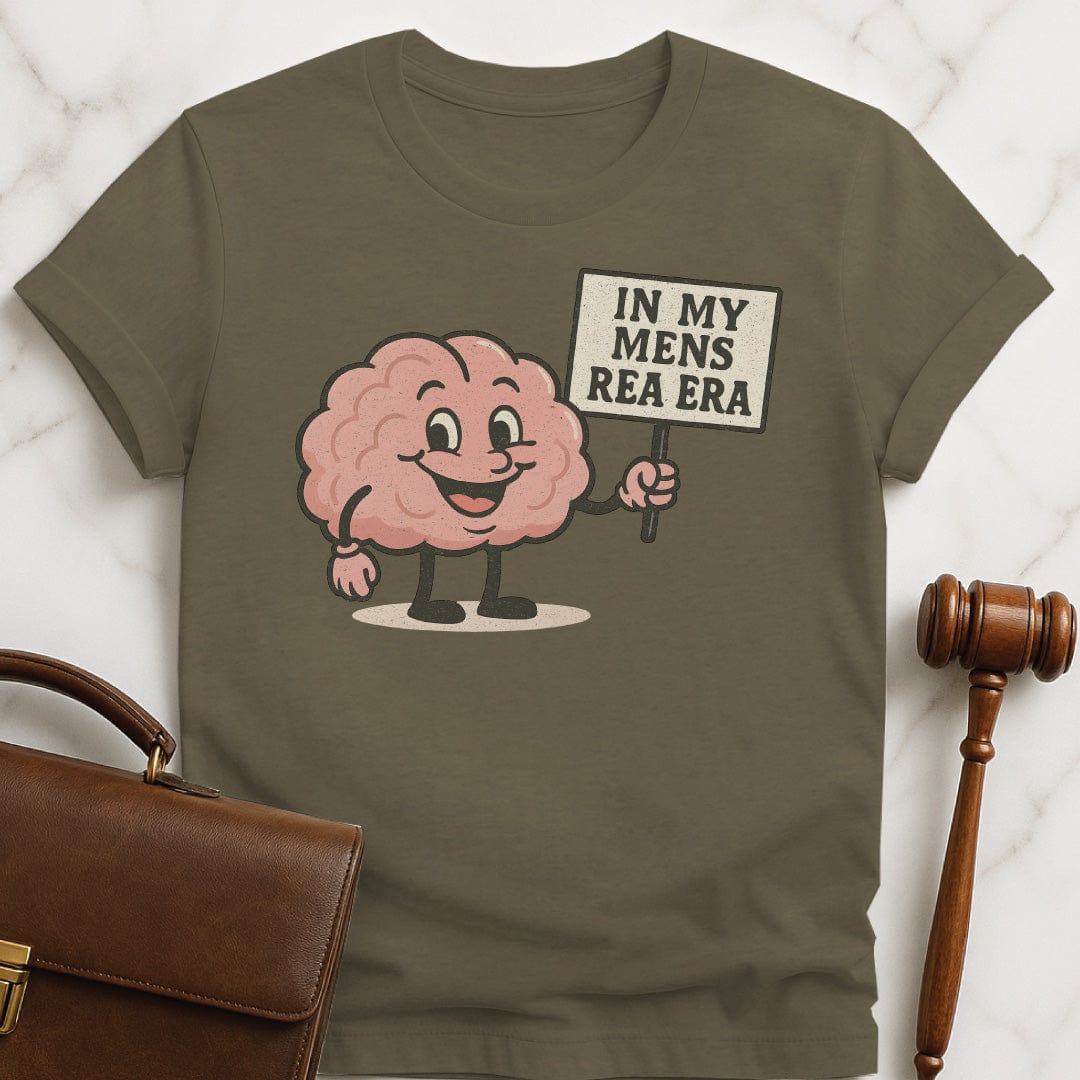 funny new lawyer tee that says in my mens rea era featuring a cute vintage brain holding up a sign in heather green