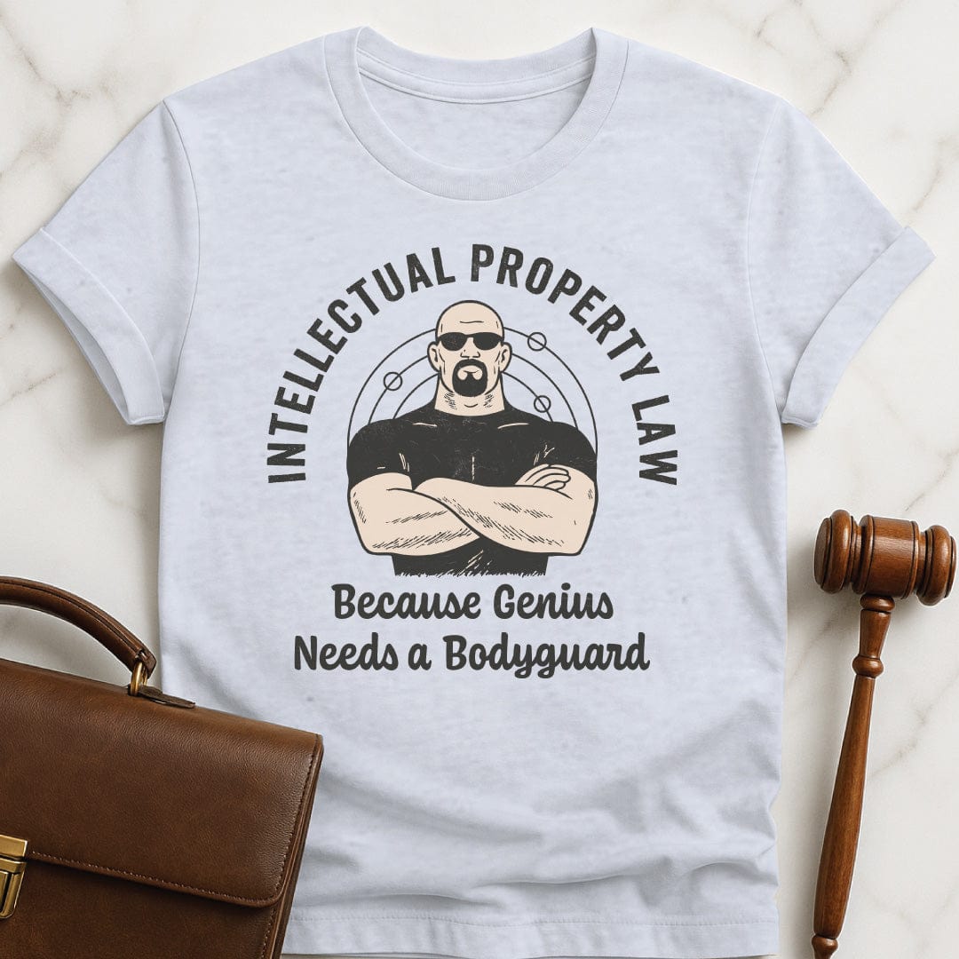 funny law student graphic tshirt that says Intellectual property law because genius needs a bodyguard featuring bodyguard and molecules in grey