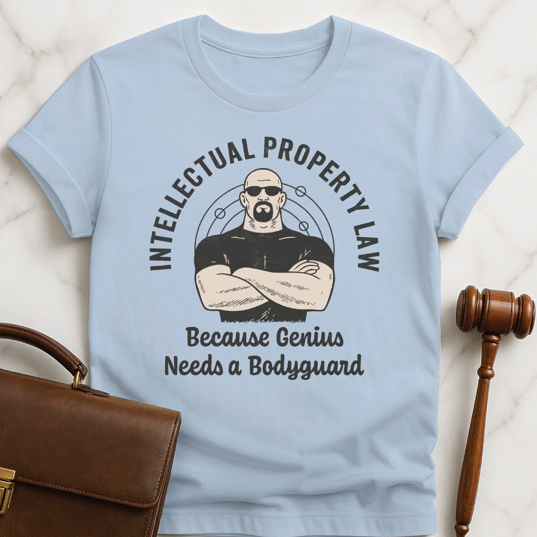 cool law school graphic tee that says Intellectual property law because genius needs a bodyguard featuring bodyguard and molecules in blue