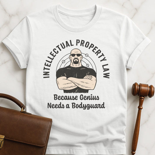 cool law grad graphic t shirt that says Intellectual property law because genius needs a bodyguard featuring bodyguard and molecules in white