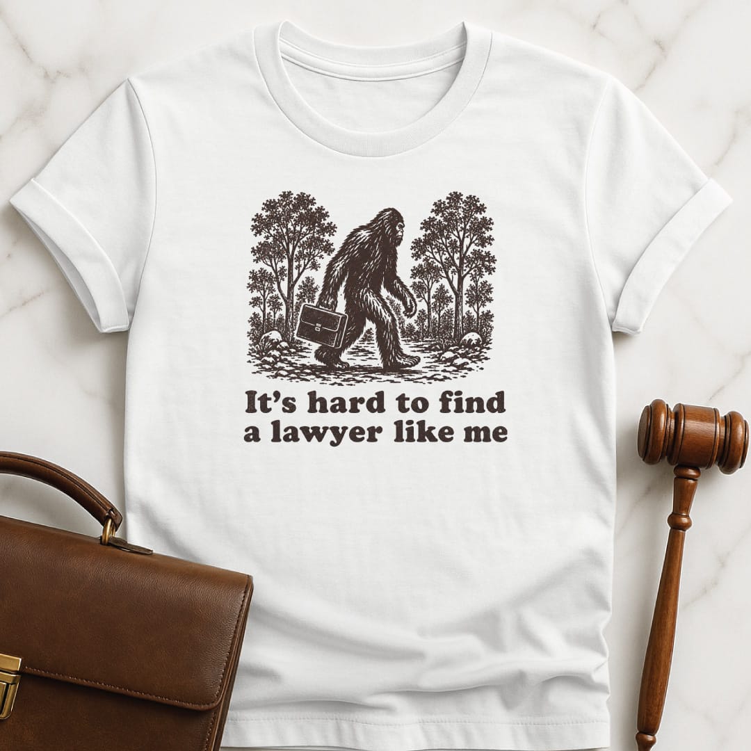 funny new lawyer t-shirt that says its hard to find a lawyer like me featuring big foot in white