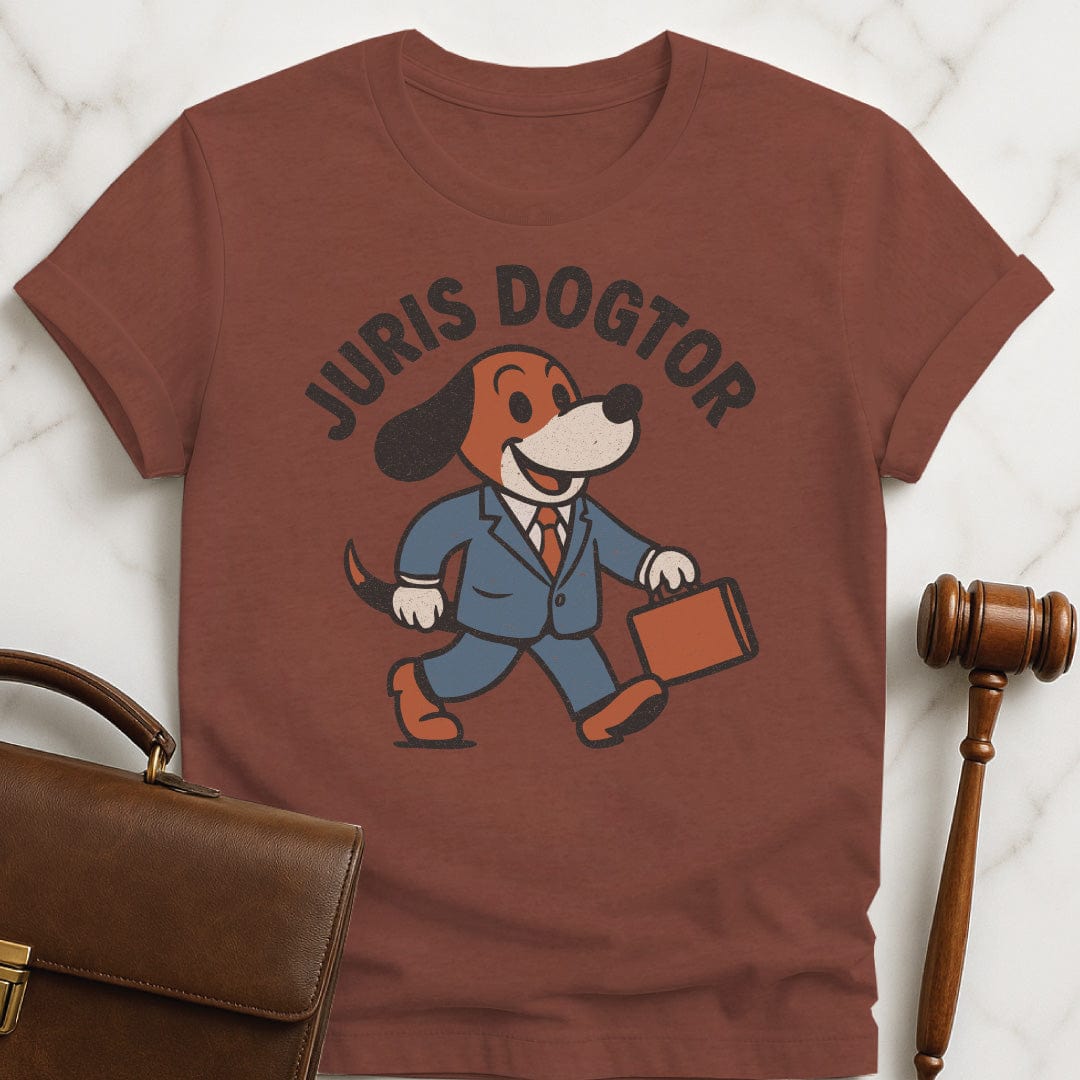 cute law school graphic tee that says juris dogtor featuring a cute vintage dog in a suit and carrying a briefcase in heather brown