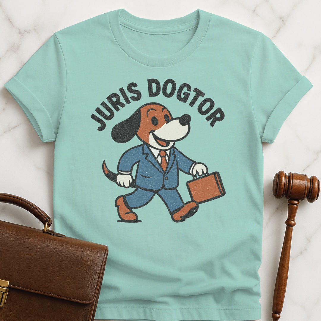 cute law grad tee that says juris dogtor featuring a cute vintage dog in a suit and carrying a briefcase in heather green