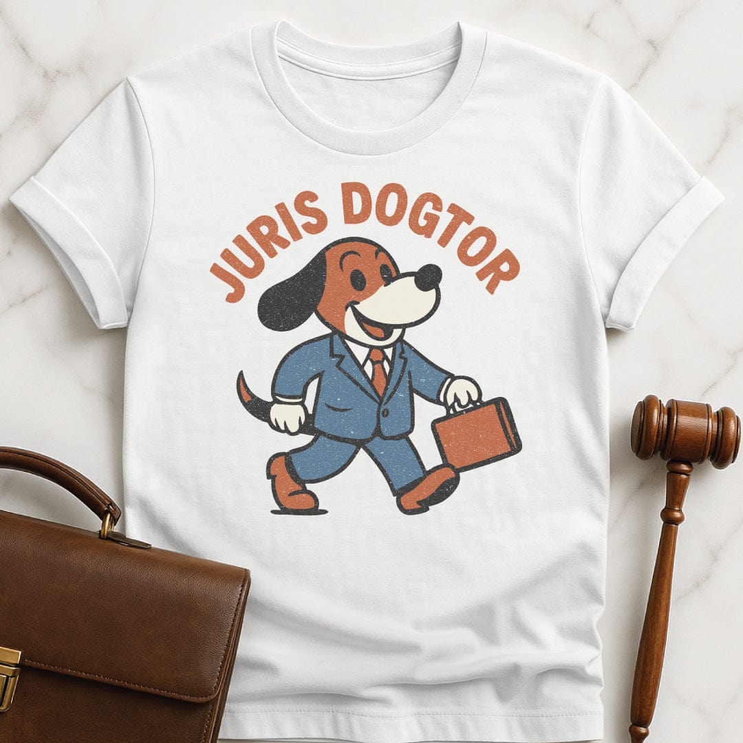 funny law school grad graphic t-shirt that says juris dogtor featuring a cute vintage dog in a suit and carrying a briefcase in white