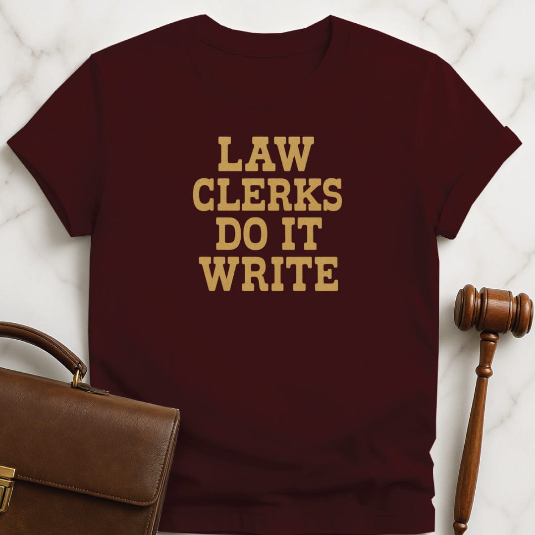 funny new lawyer graphic tshirt that says law clerks do it write featuring western font in brown