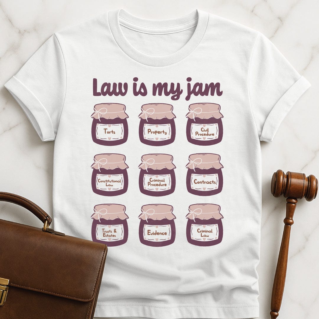 cool law school graphic t shirt that says law is my jam featuring jars of purple jam saying torts property civil procedure constitutional law criminal procedure contracts trusts and estates evidence criminal law in white