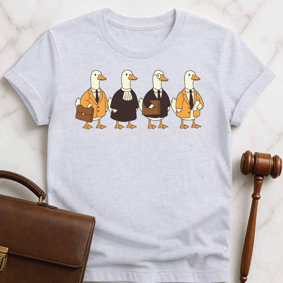 cute attorney graphic t-shirt featuring Ducks dressed like lawyers and judges in grey