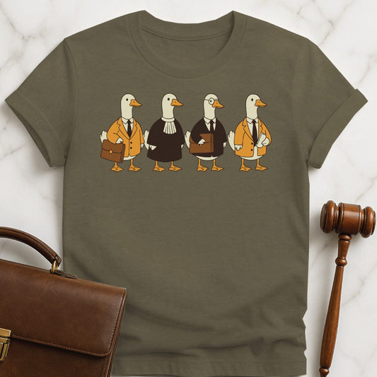 cute new lawyer t shirt featuring Ducks dressed like lawyers and judges in heather green