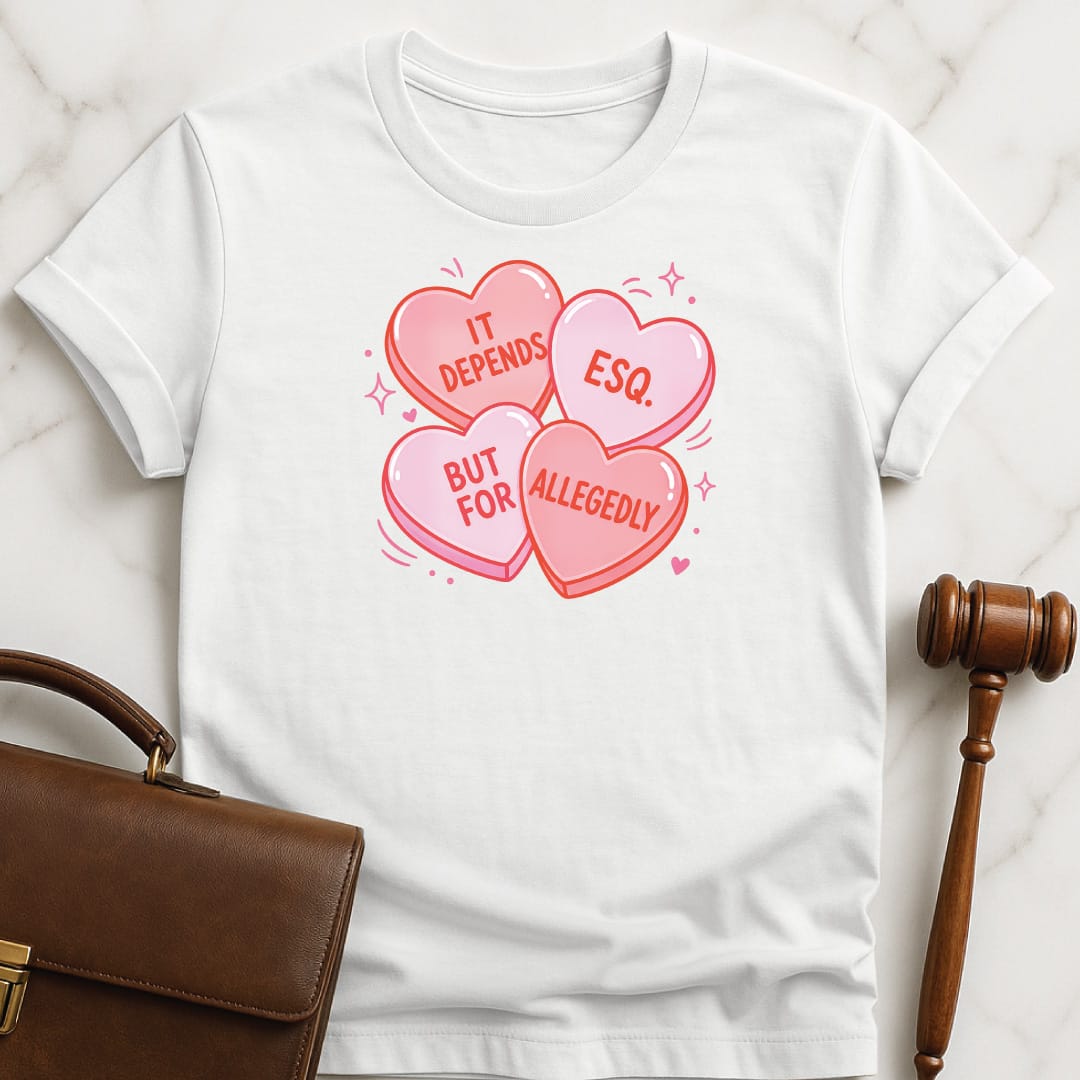 cool attorney t shirt that says It Depends But For Esq Allegedly featuring candy hearts in white