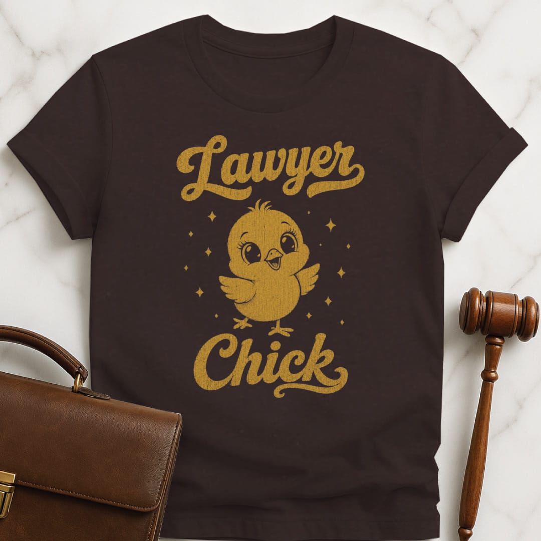 cool attorney graphic t shirt that says lawyer chick featuring baby chick in brown