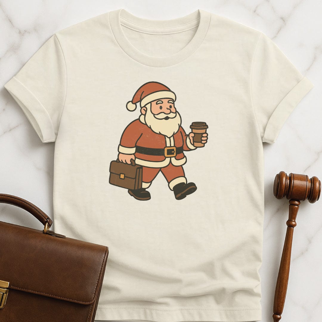 santa new lawyer graphic tee featuring Santa Claus carrying a briefcase and a cup of coffee in cream