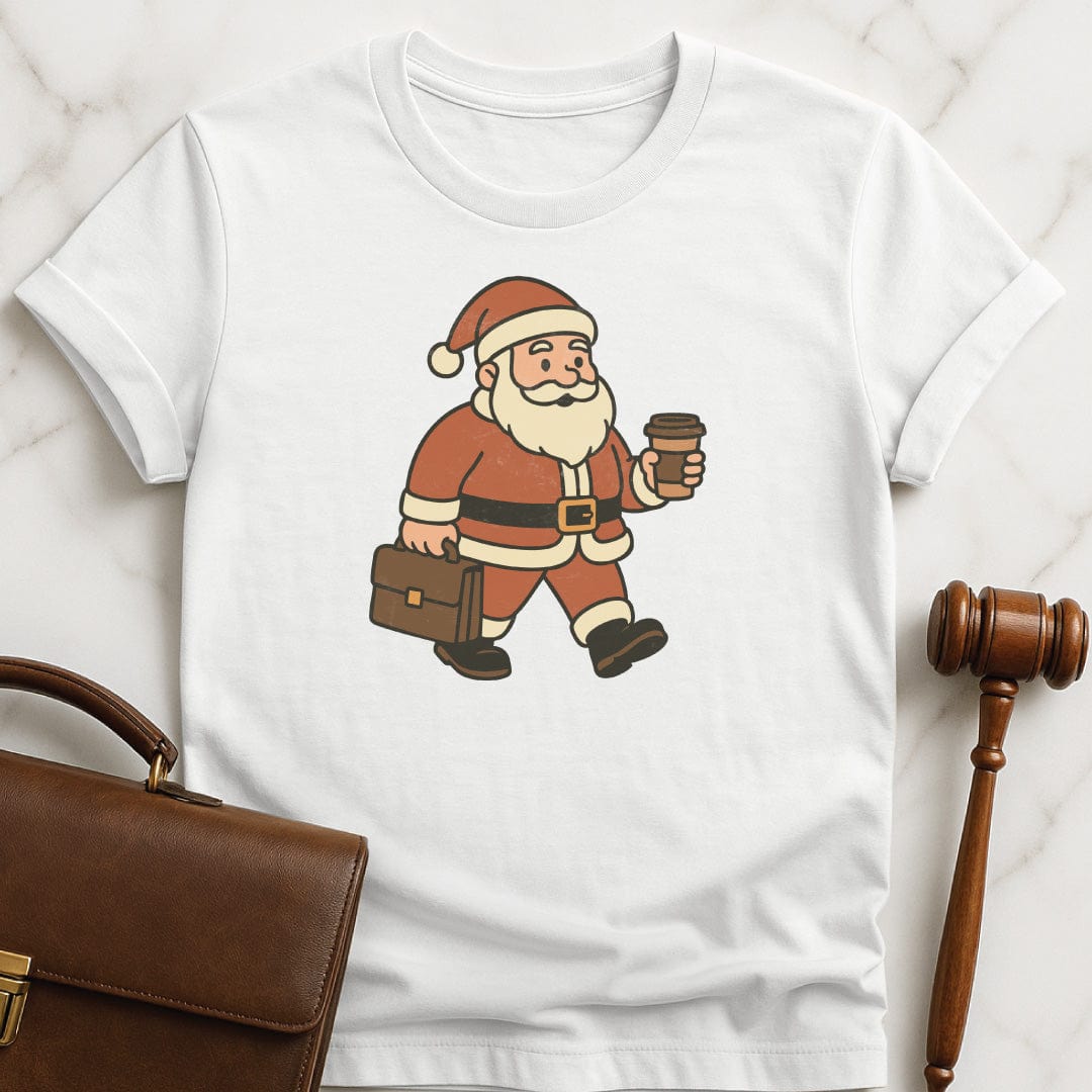 santa law school t shirt featuring Santa Claus carrying a briefcase and a cup of coffee in white