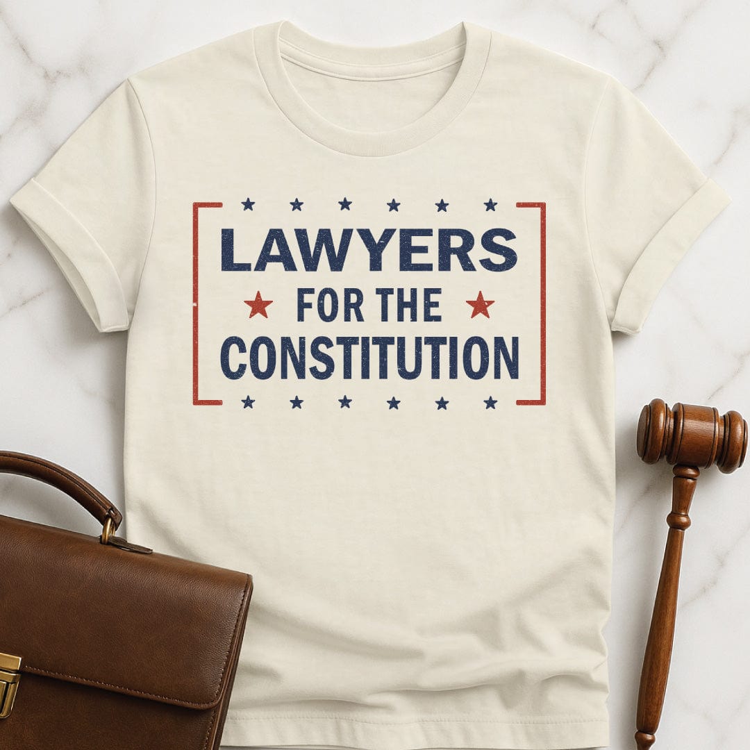 cool law grad t shirt that says Lawyers for the constitution featuring red white and blue stars in cream