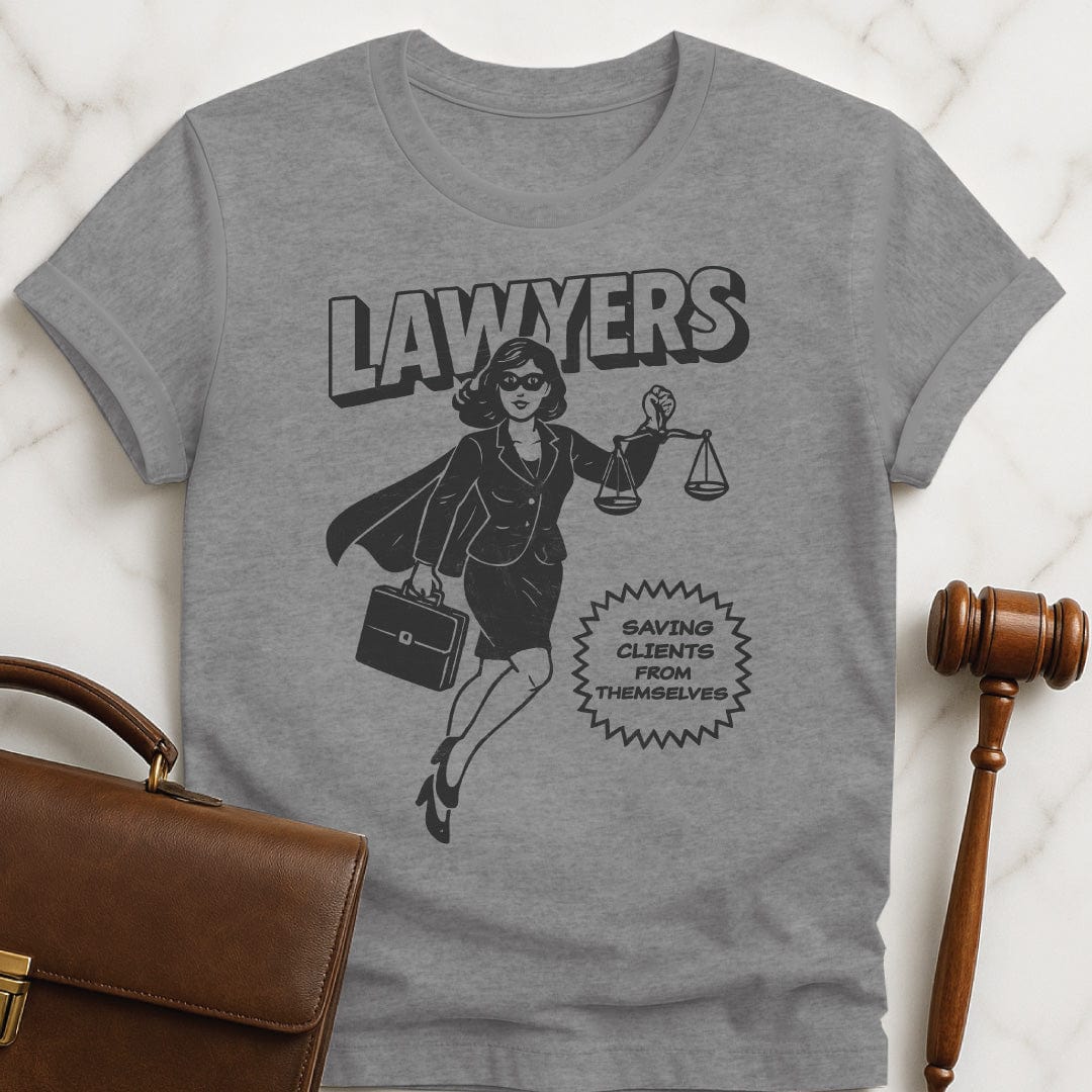 awesome law school graduate graphic tee that says Lawyers Saving Clients From Themselves featuring woman laywer superhero in grey