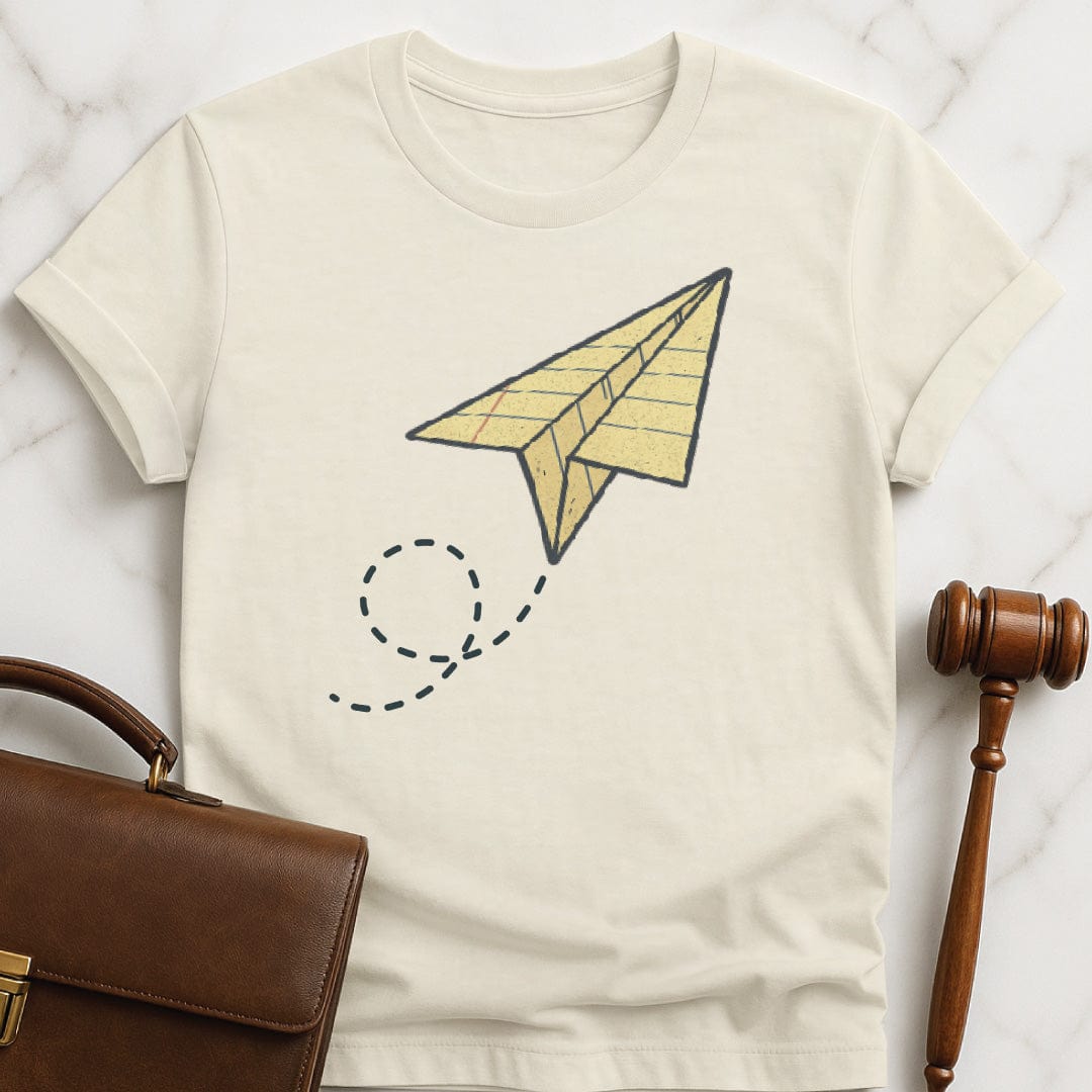cute new lawyer graphic tee featuring a legal pad paper airplane in cream