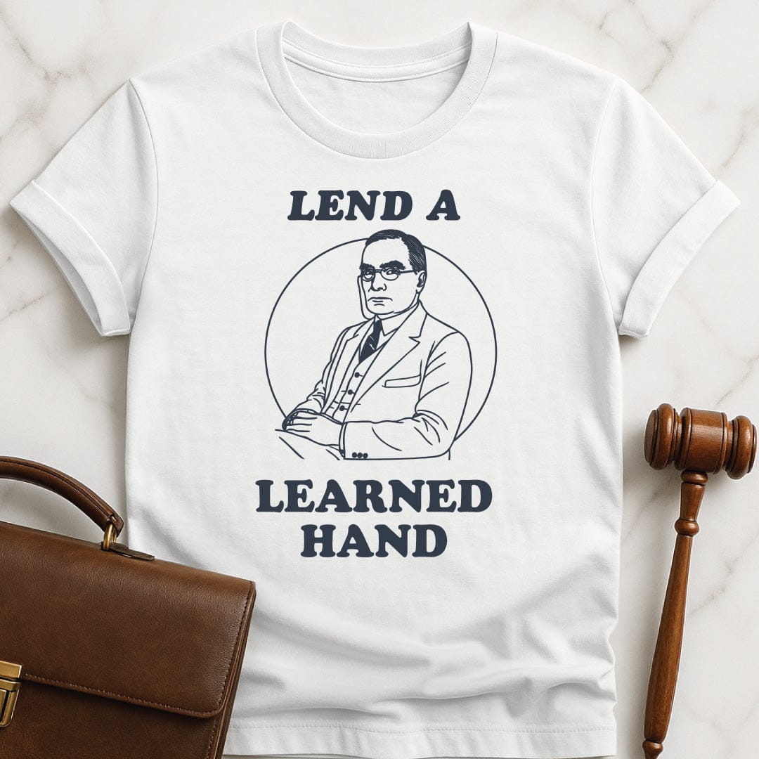 funny law student graphic t-shirt that says Lend a learned hand featuring line drawing of learned hand in white