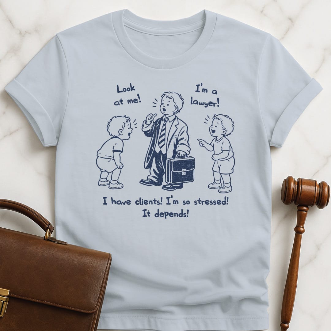 funny law school tshirt that says look at me Im a lawyer I featuring a toddler dressed as a lawyer and two other toddlers laughing in blue