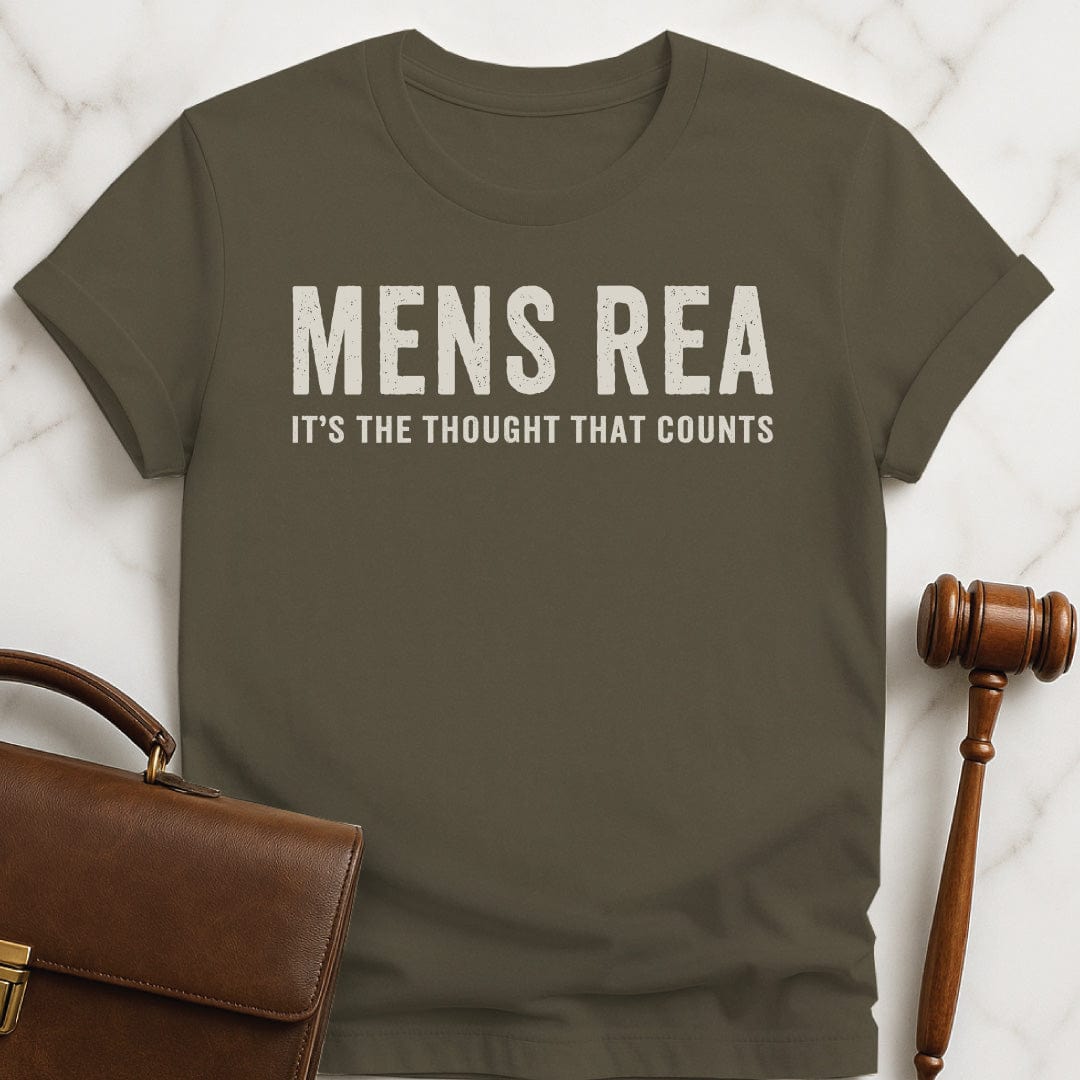 funny law student t-shirt that says mens rea its the thought that counts in green