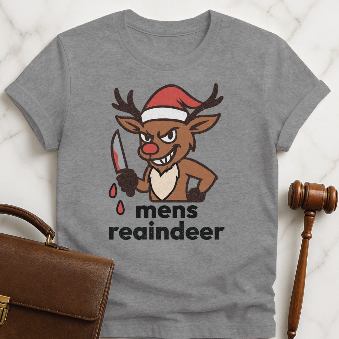 funny lawyer graphic t shirt that says Mens reaindeer with reindeer spelled r e a indeer featuring Rudolph the reindeer with a santa hat and a bloody knife in grey