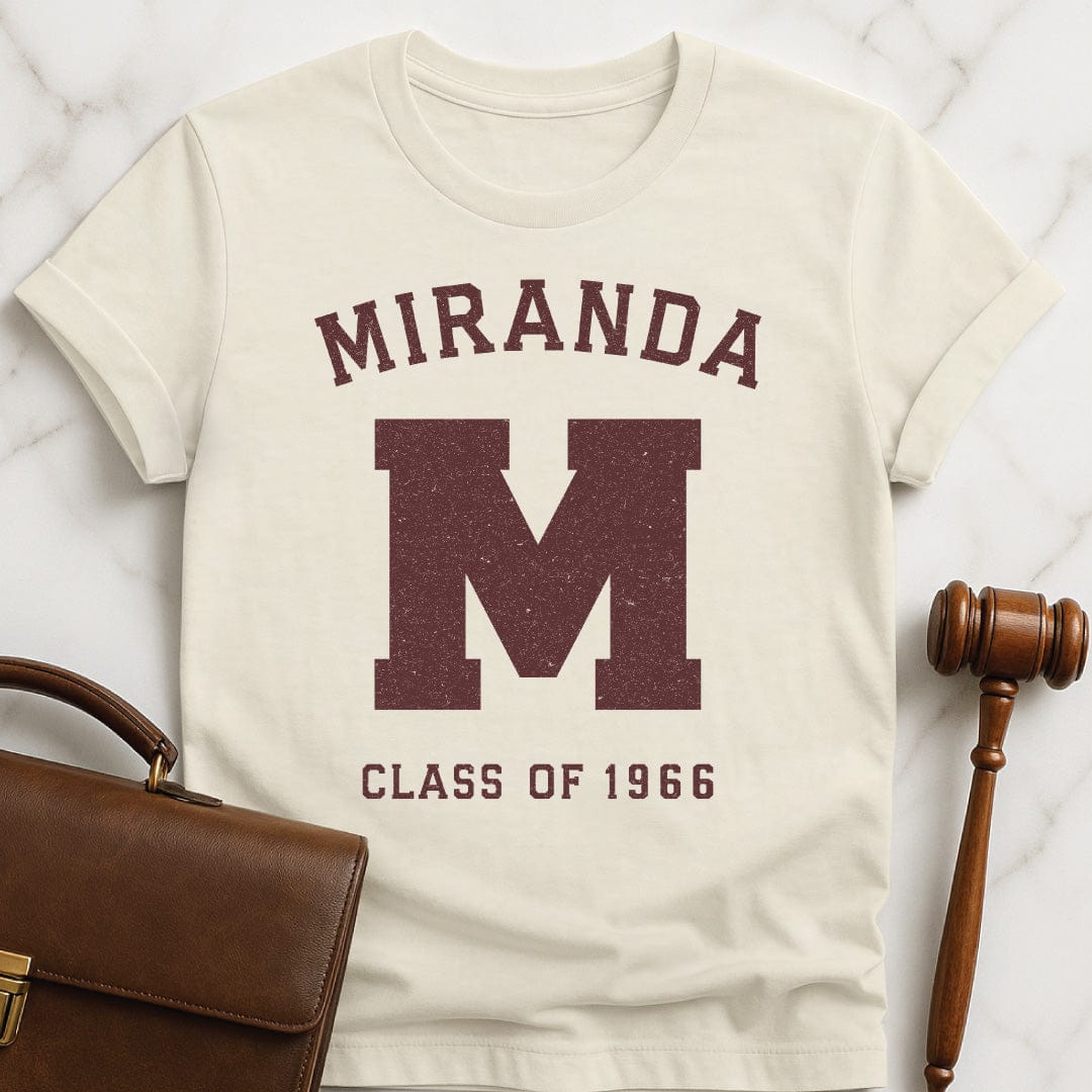 cool law grad graphic t shirt that says Miranda M Class fo 1966 in cream