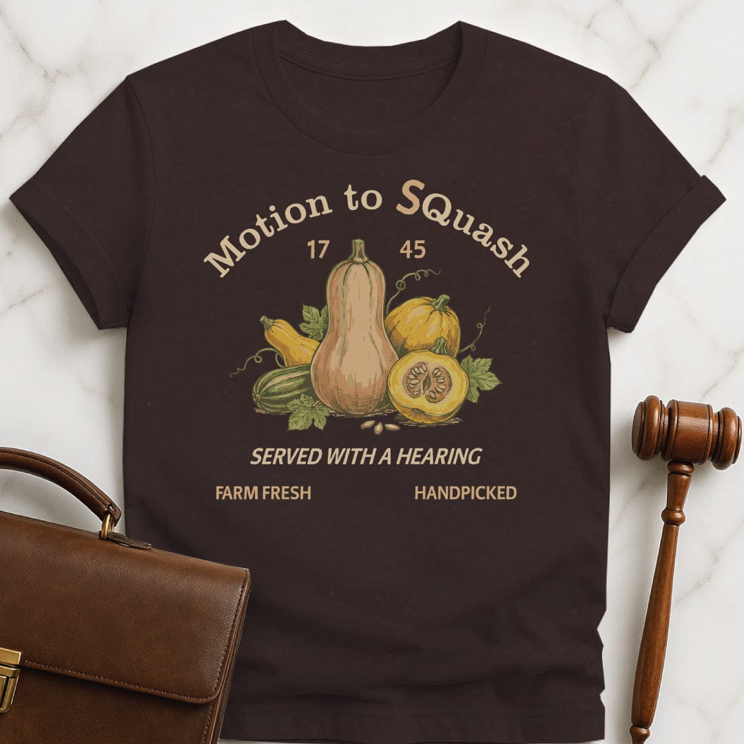 cute law school graphic tee that says Motion to quash with s added in featuring squash in brown
