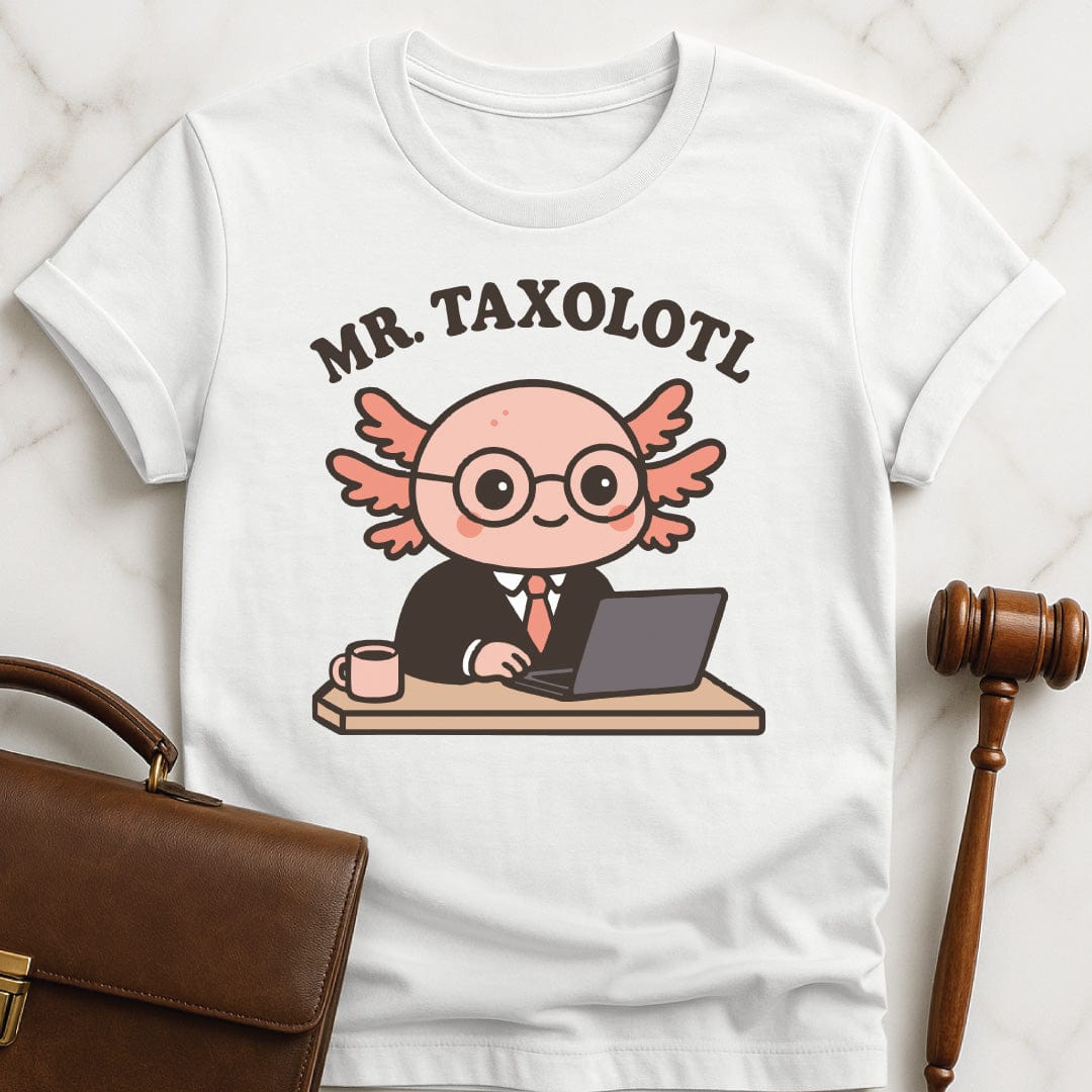 cool new lawyer graphic t shirt featuring axolotol in a business suit at a desk with a laptop and a mug in white