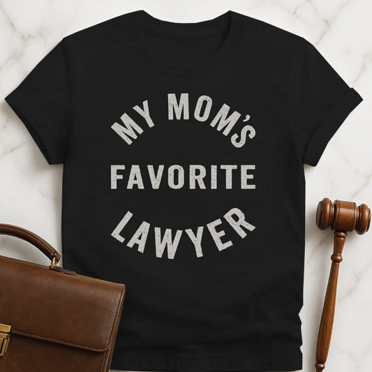 cool attorney graphic tee that says my moms favorite lawyer in black