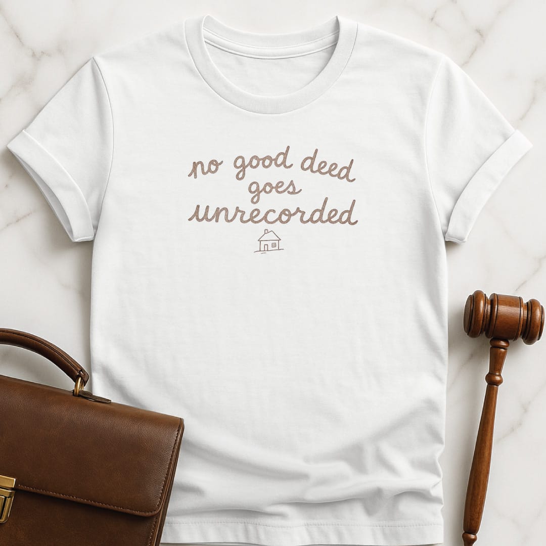 cute law graduate tee that says No good deed goes unrecorded featuring house in white