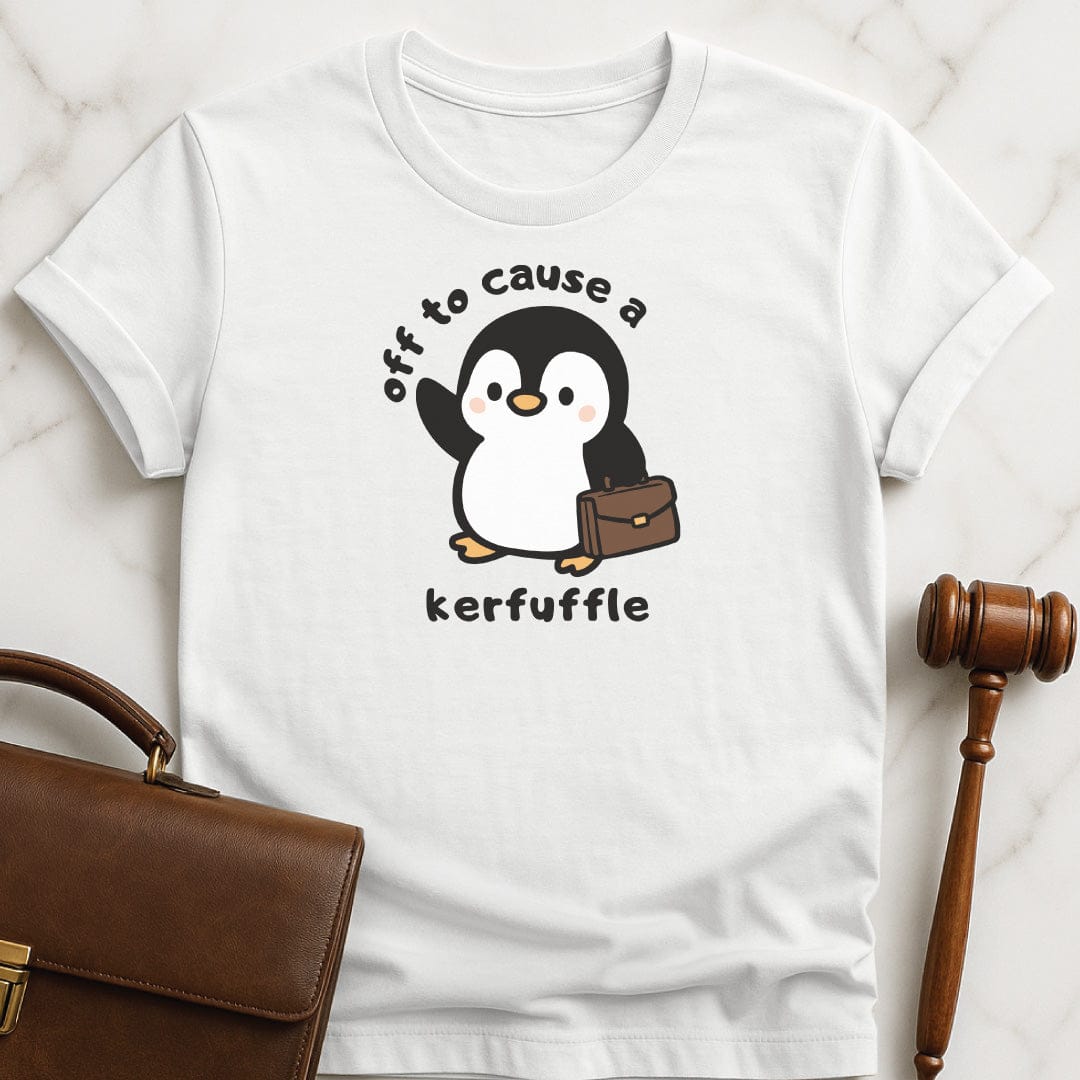 adorable new attorney graphic t shirt that says off to cause a kerfuffle featuring penguin with a brief case in white