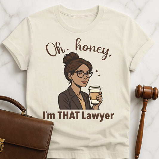 funny law school graduate tee that says oh honey im that lawyer featuring a woman of color with glasses and a gray suit in cream