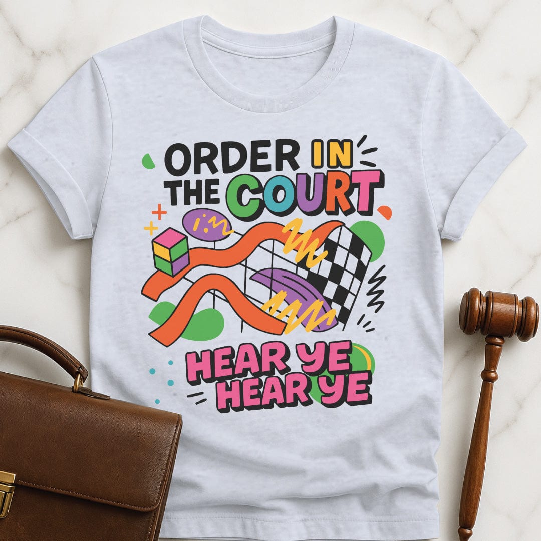 cool new lawyer graphic t shirt that says Order in the Court featuring 90s style bright colors and shapes in grey