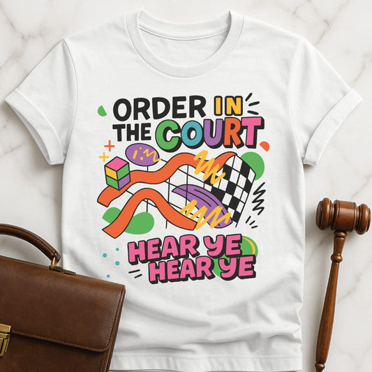 cool law graduate t-shirt that says Order in the Court featuring 90s style bright colors and shapes in white