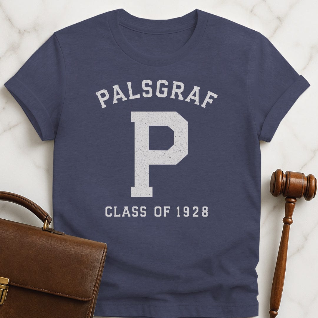 funny law school graphic t shirt that says Palsgraf P Class of 1928 in heather blue