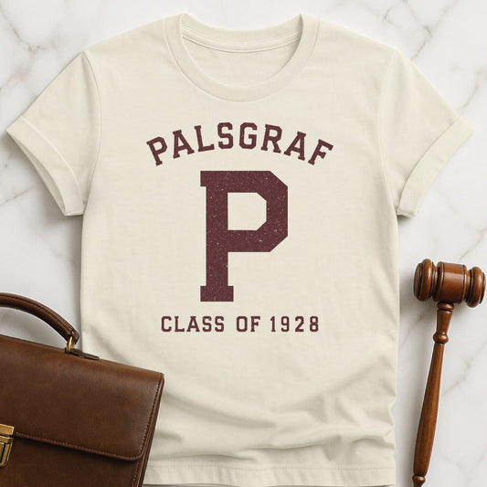 funny law school graphic tee that says Palsgraf P Class of 1928 in cream