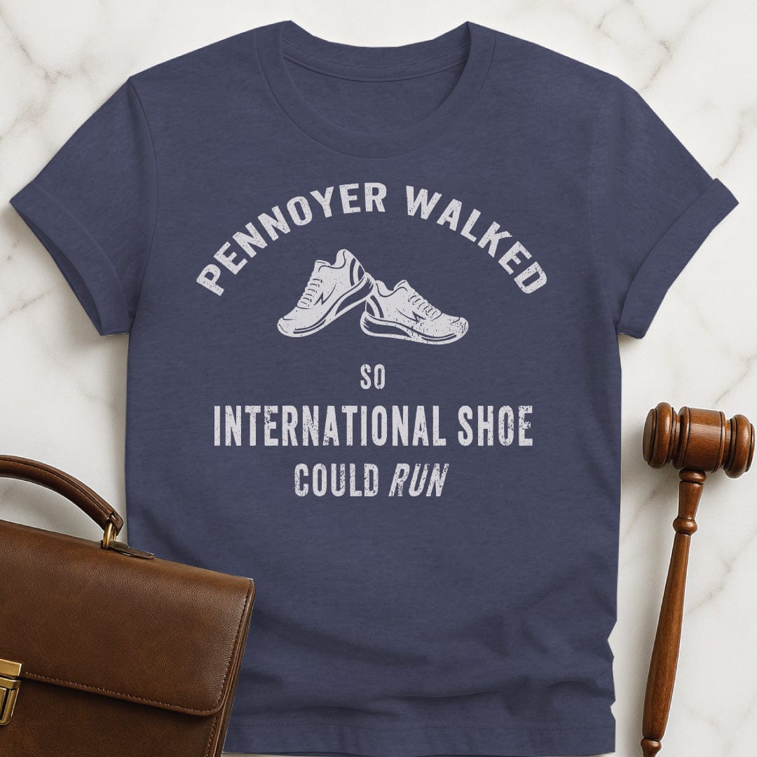 nerdy law grad graphic tee that says pennoyer walked so international shoe could run featuring vintage style sneakers in heather blue