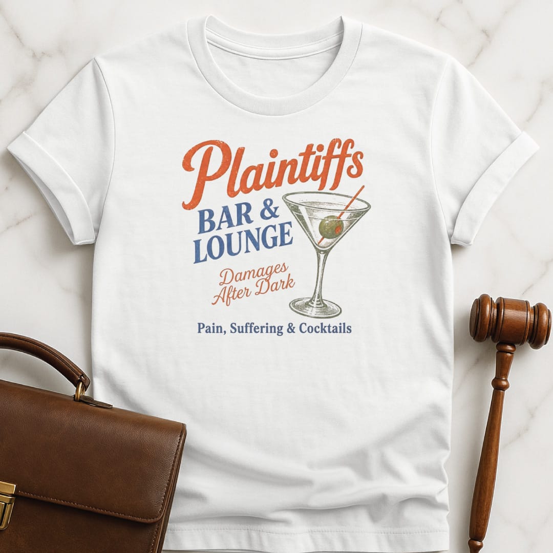 cool lawyer t shirt that says Plaintiffs bar and lounge damages after dark featuring martini in white