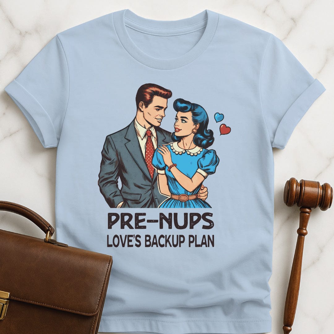 funny new lawyer graphic tee that says prenups loves backup plan featuring a retro man and woman and hearts in blue