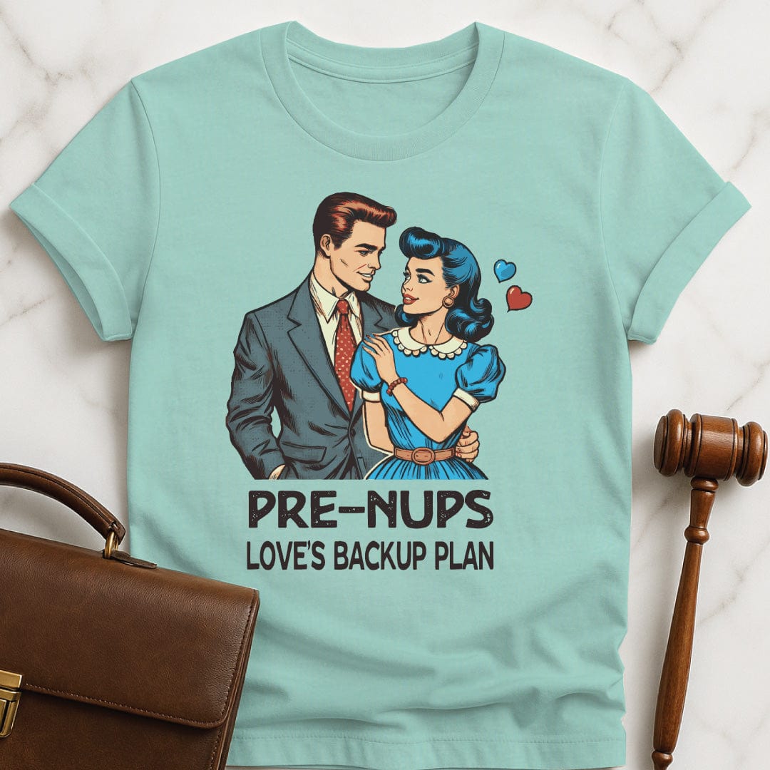 funny law school graphic tee that says prenups loves backup plan featuring a retro man and woman and hearts in heather green