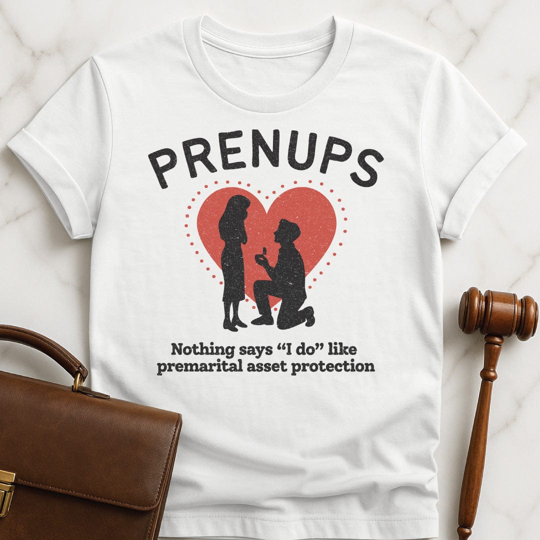 funny law school grad graphic t-shirt that says Prenups Nothing Says I Do Like Premarital Asset Protection featuring Man proposing to woman with a heart in white