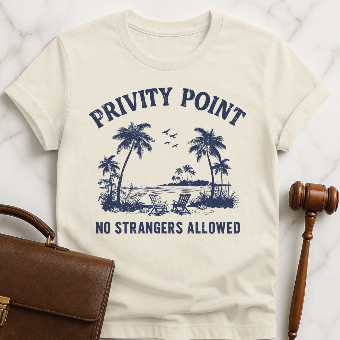 nerdy law school graduate graphic tee that says privity point no strangers allowed featuring a beach scene with palm trees in cream