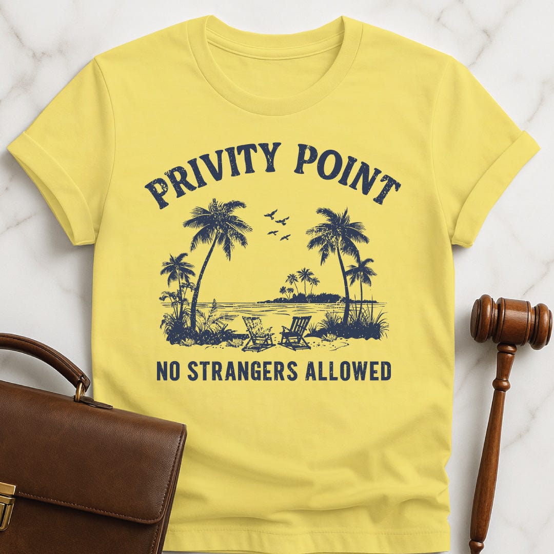nerdy lawyer graphic tee that says privity point no strangers allowed featuring a beach scene with palm trees in yellow