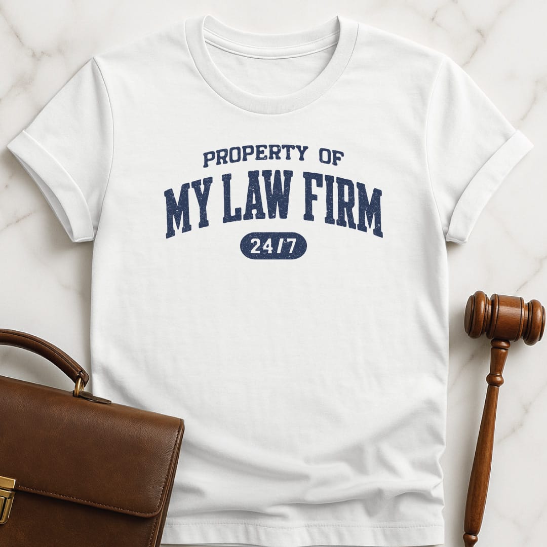 cool law graduate t shirt that says property of my law firm 24 7 featuring athletic font in white