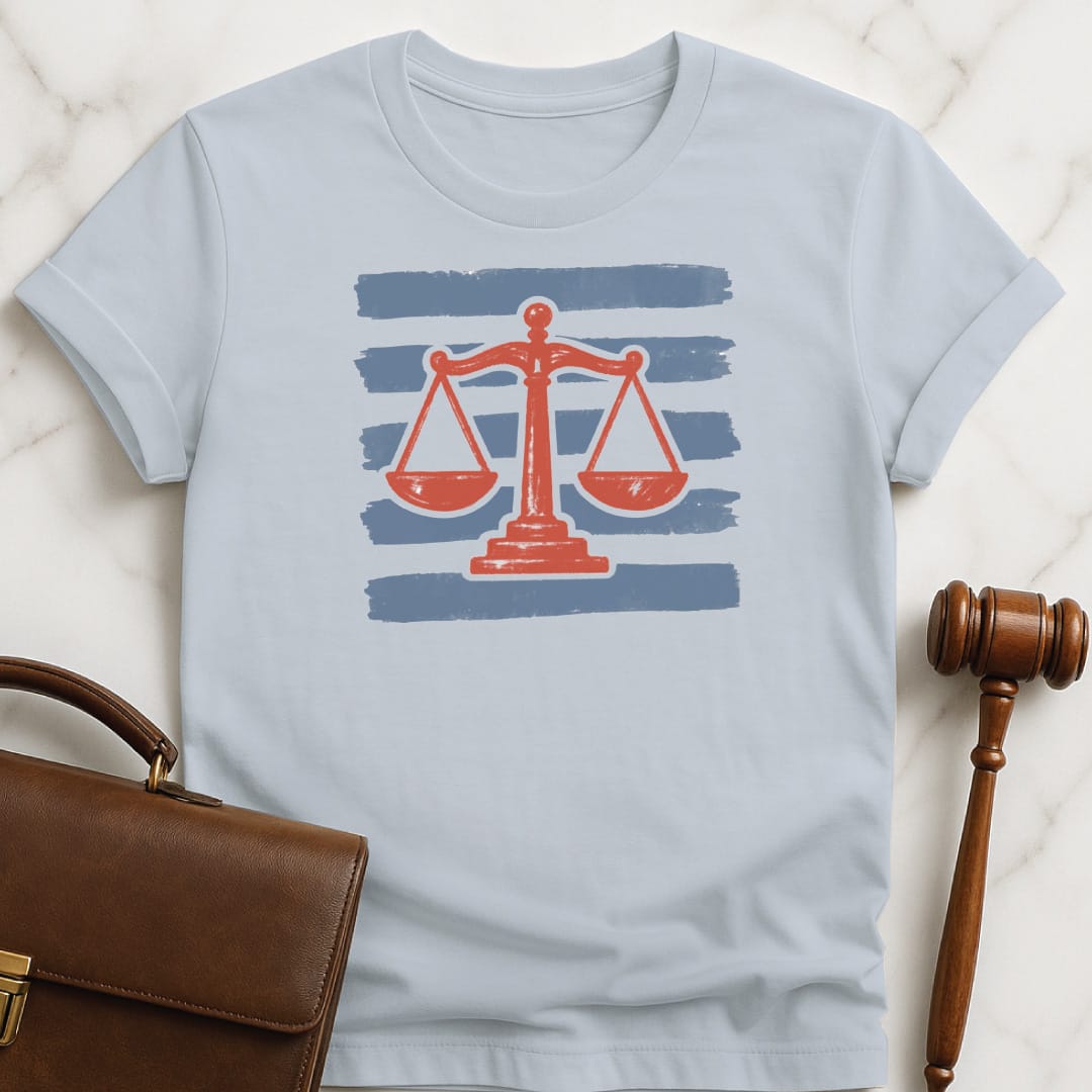 unique law student graphic t shirt featuring red scales of justice with blue stripes in blue