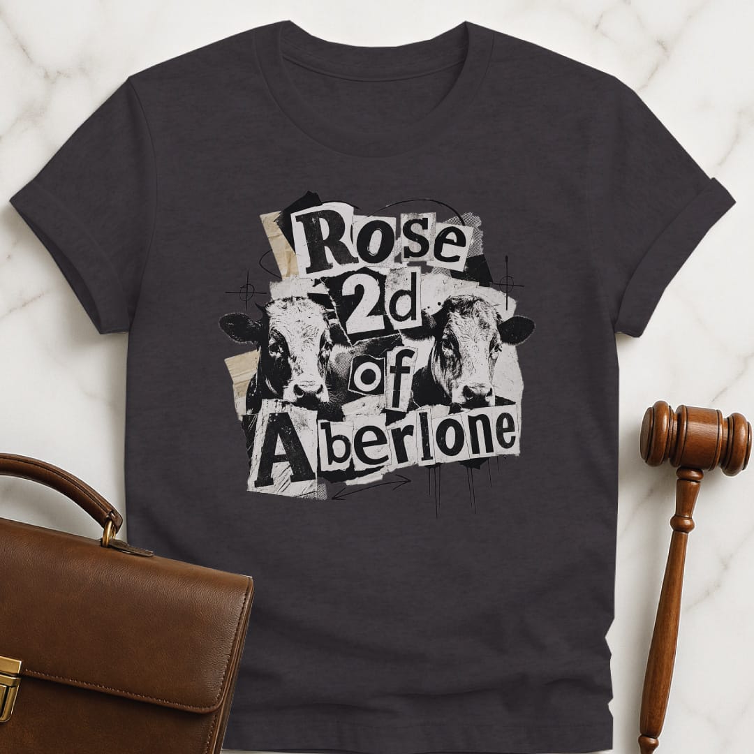 funny law student tshirt that says Rose 2d of Aberlone featuring scapbook style of cows in black