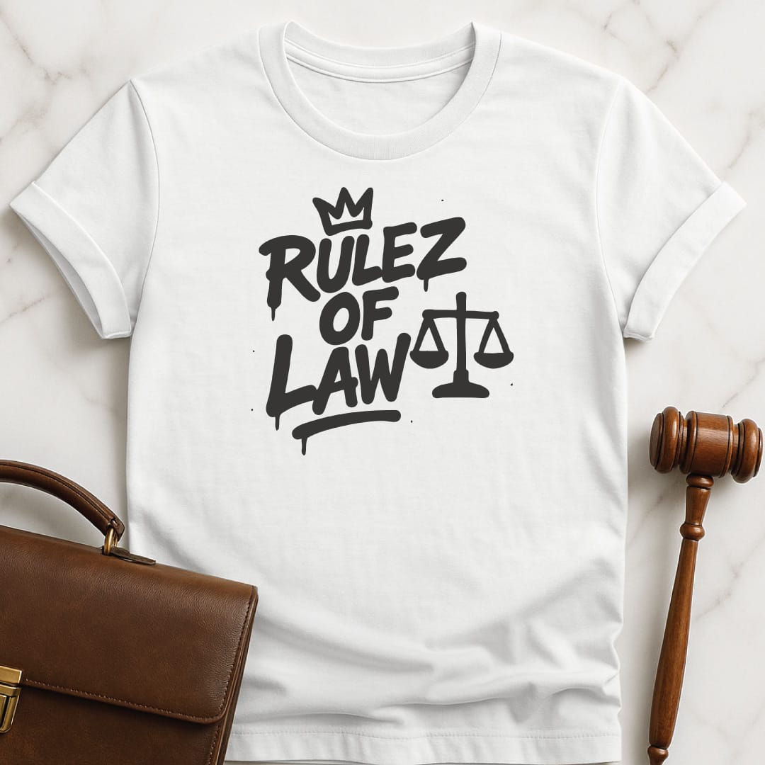 cool law school tshirt that says Rulez of Law featuring logo in white