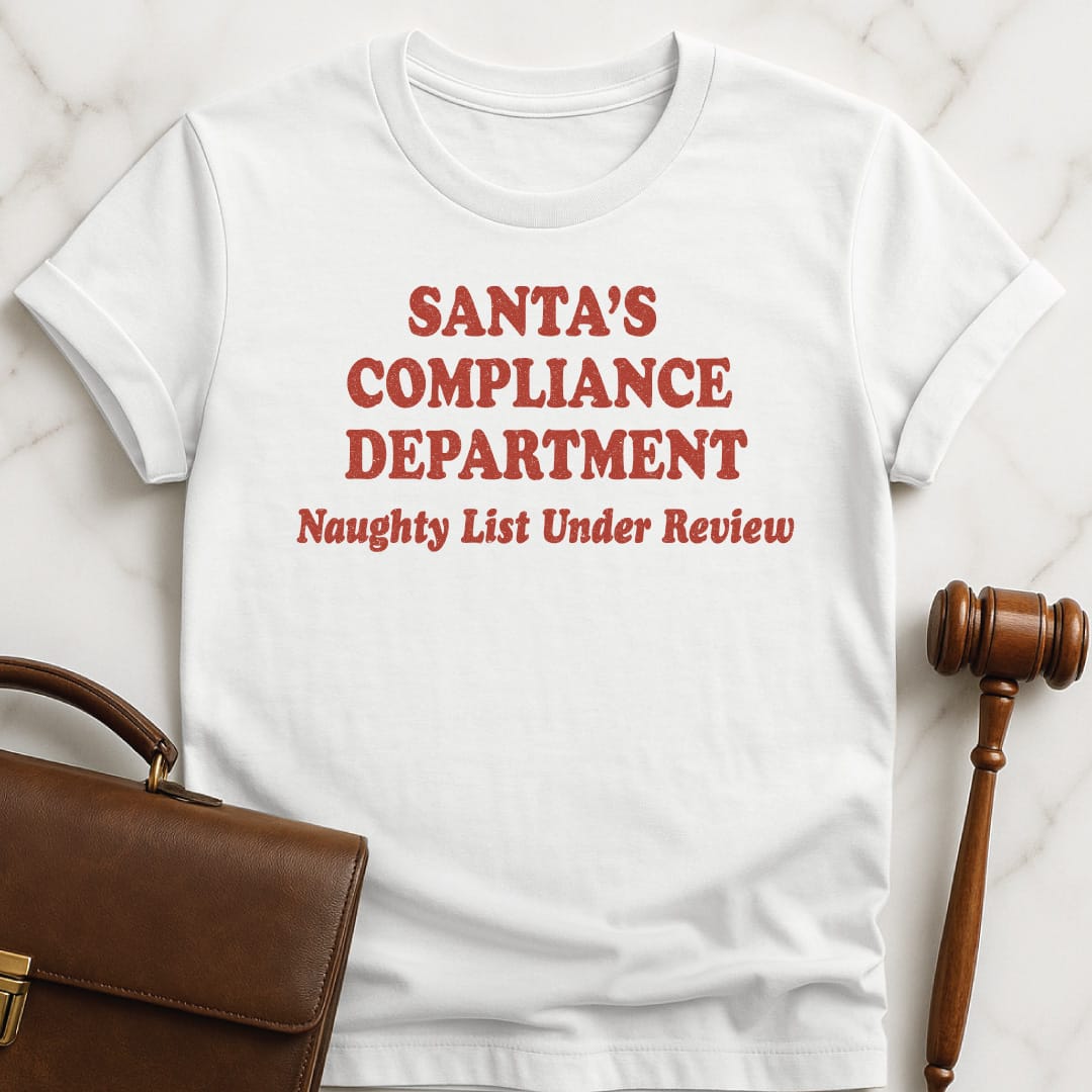 holiday law school t shirt that says Santas Compliance Department Naughty List Under Review in white