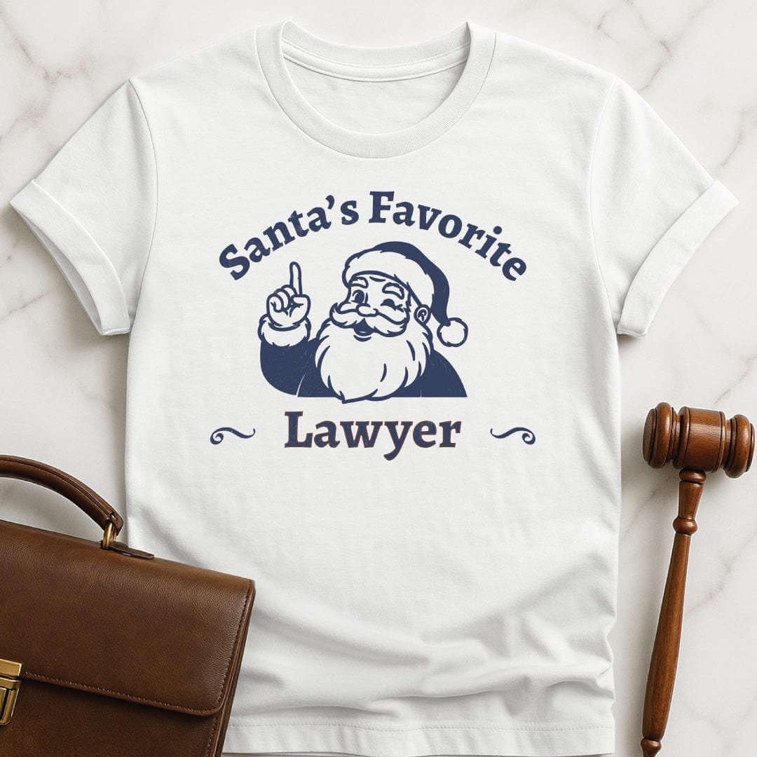 santa lawyer graphic tee that says Santas Favorite Lawyer featuring Santa holding up a finger in white