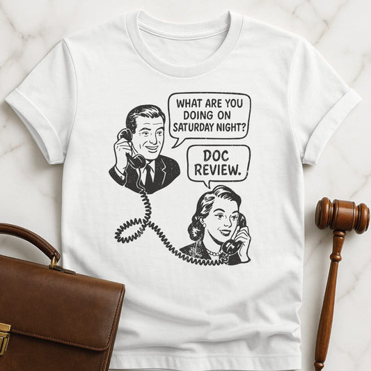 cool lawyer tee featuring man asking a woman on the phone what are you doing Saturday night and she says doc review in white