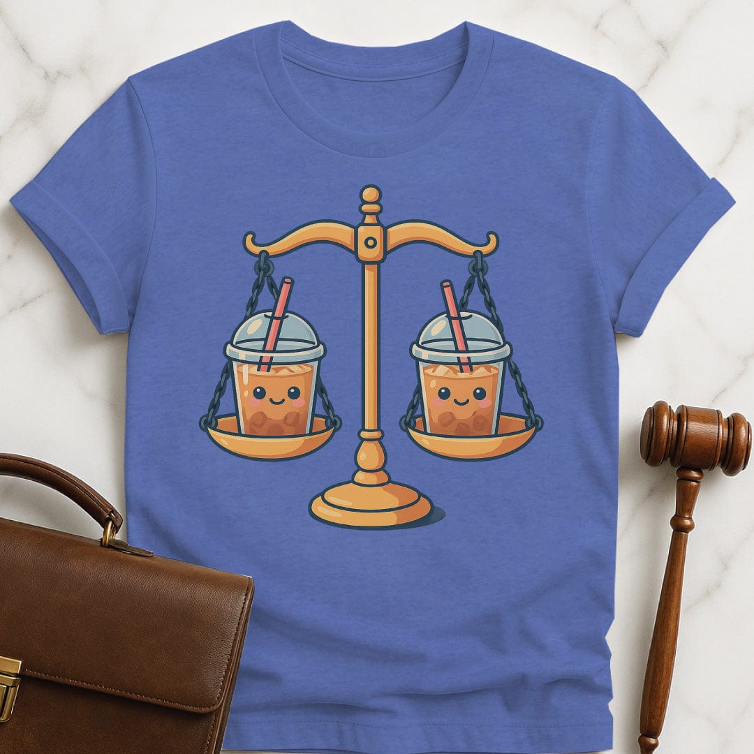 funny law school graduate tee featuring cute kawaii scales of justice with iced coffee in heather blue