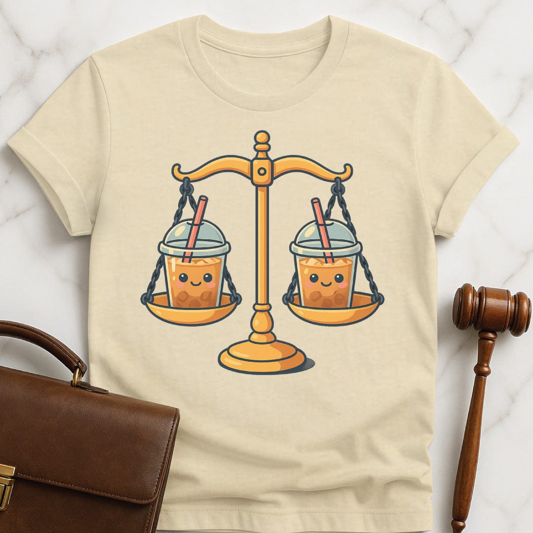funny law grad graphic tee featuring cute kawaii scales of justice with iced coffee in cream